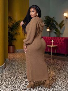 Slaydiva Plus Size Women's Knit Dress, Coffee Cowl Neck Drawstring Thick Rib Plus Size Maxi Sweater Dress - Coffee Brown - View 2