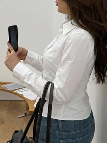 Dazy Plus قميص أبيض جديد متعدد الاستخدامات بتصميم ضيق الخصر وأكمام طويلة للربيع/الخريف مناسب للتنقل اليومي - أبيض - مشاهدة 5