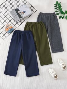 SHEIN 3件組小男孩休閒可愛日常舒適經典三色寬鬆直筒運動長褲，買2送1，適合外出、上學、日常聚會，適用國小、國中，可當校服 - 彩色 - 查看 2
