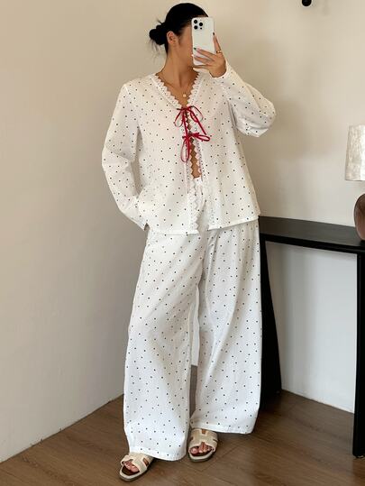 Dazy Plus Fashion Polka Dot Tie Top & Pants 2-Piece Set, White New Spring/Summer/Autumn Pajama Set