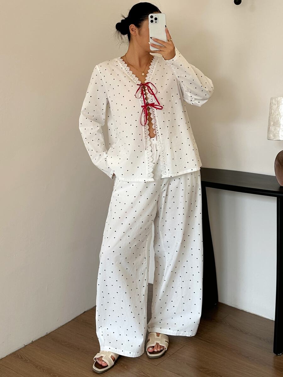 Dazy Plus Fashion Polka Dot Tie Top & Pants 2-Piece Set, White New Spring/Summer/Autumn Pajama Set - White - View 1