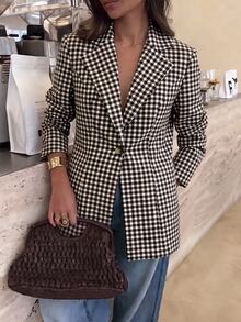 Lavishia 女款優雅通勤收腰格紋新式西裝外套，秋冬款 - 摩卡棕 - 查看 4