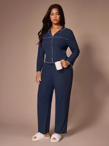 Lazeform Minimalist Contrast Trim Ribbed Plus Size Pajama 2 Pieces Set, Lapel Long Sleeve Cardigan, Soft & Comfortable Loungewear Set - Navy Blue - View 1