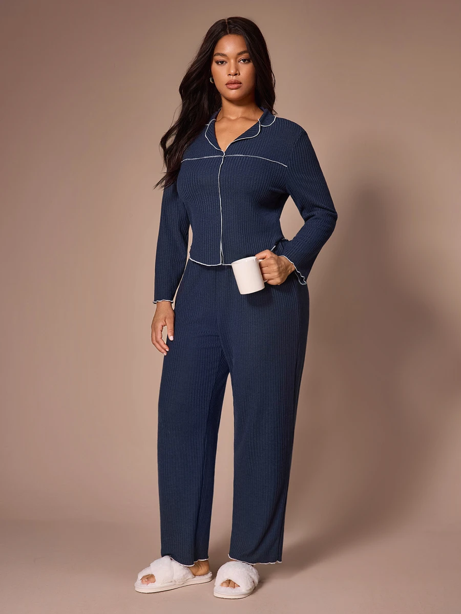 Lazeform Minimalist Contrast Trim Ribbed Plus Size Pajama 2 Pieces Set, Lapel Long Sleeve Cardigan, Soft & Comfortable Loungewear Set - Navy Blue - View 1