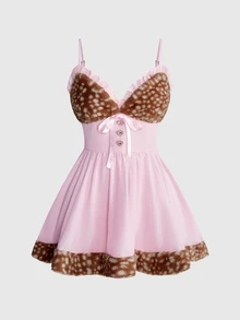 ROMWE Autumn/Winter Y2K Faux Fur & Chiffon Patchwork Deer Chest Design Spaghetti Strap Mini A-Line Skirt Waist Elastic Shirred Women's Short Dress - Pink - View 1