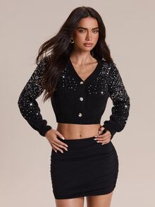 Glamine Fashionable Sequin Deep V-Neck Knit Cardigan - Black - View 5