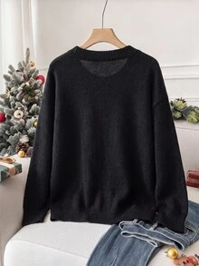 SHEIN Clasi Plus Size Women's Sequin Bow Long Sleeve Casual Pullover Sweater - Black - View 2