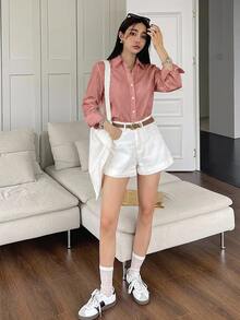 DAZY 女款純色長袖單排扣休閒通勤襯衫 - 卡其色 - 查看 3