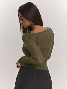 SHEIN BAE 女款優雅性感休閒日常穿搭羊絨輕量針織透視上衣，適合打造經典百搭上衣、休閒上衣、黑色上衣、百搭上衣、通勤上衣，2合1上衣 - 軍綠色 - 查看 2