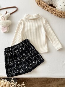 LMoss Kids 女嬰秋冬可愛針織杏色長袖蝴蝶結上衣與鬆緊腰格紋短褲 2 件套 - 彩色 - 查看 4