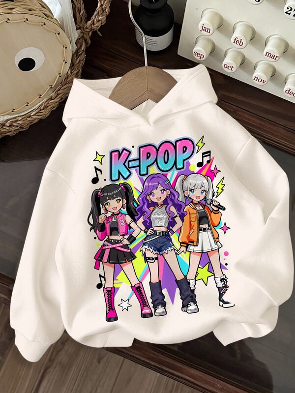 Cream White, Y2K Fashion Street Style K-Pop Korean Wave Girl Cyber Neon Graphic Print, Women's Casual Comfortable Loose Thick Hooded Sweatshirt Suitable For Autumn/Winter Daily Wear, Sports, Back To School, Outings, Street Dance, Music Festivals, Vintage Korean Wave High Street, Sweet Cool Girl, Relaxed Fashion, Girly Style