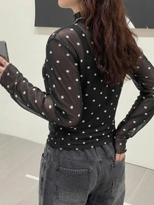 Dazy Plus Atasan Jala Pas Badan Motif Polkadot Kulit Ukuran Plus - Hitam - View 2