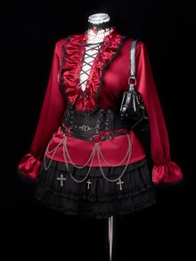 Sunspun Medieval Light Punk Y2K Vintage Ruffle Lace Tie Metal Heavy Work Halloween COS Self-Matching Women's Autumn/Winter Best-Selling Pullover Inner Layer Long Sleeve Top Plus Size Blouse - Burgundy - View 5
