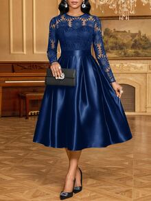SHEIN Lady Women's Contrast Lace Round Neck Long Sleeve Pleated Design Elegant Midi Dress - Navy Blue - View 4