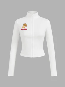 TOM & JERRY X SHEIN SHEIN EZwear 2件組黑白針織拉鍊長袖女款T恤，聯名印花圖案，適合外出、街頭風、機場穿搭、時尚、返校、Y2K、派對、海灘度假、假日 - 彩色 - 查看 9