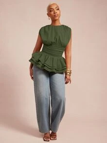 Vixey Solid Woven Round Neck Ruched Sleeveless Layered Peplum Hem Top - Olive Green - View 4