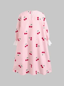 SHEIN 少女櫻桃印花可愛簡約返校季寬鬆休閒荷葉邊拼接居家服 - 彩色 - 查看 7