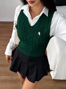 SHEIN PETITE 女款騎士刺繡V領休閒百搭針織背心 - 墨綠色 - 查看 8