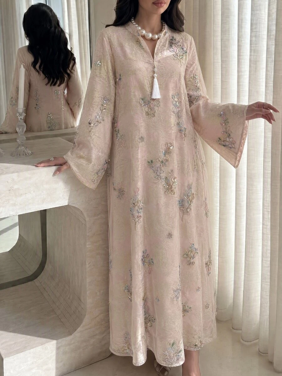 Yasmyna Women's Embroidered Beadwork Fabric Exquisite Tassel Fashion Loose Comfortable Long Robe - Baby Pink - View 1