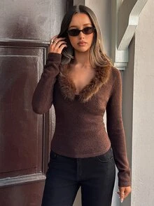 Aloruh Vintage Fashion Fur Collar Patchwork Pullover Long Sleeve Sweater - Coffee Brown - View 3