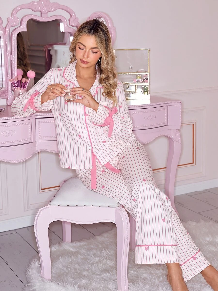 SweetSlumber Striped Heart Print Lapel Front Button Bow Tie Long Sleeve Women's Pajama Set - Multicolor - View 1