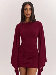SHEIN BAE 女款純色棕色圓領喇叭袖修身抓皺緊身迷你洋裝，棕色洋裝，適合雞尾酒會、浪漫約會、秋冬疊穿、派對、正式聚會、萬聖節洋裝、聖誕洋裝 - 酒紅色 - 查看 4
