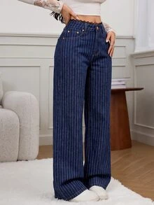 SHEIN Tall Women's Waist Contrast Lace Blue And White Striped Wide Leg Loose Fit Jeans Summer Everyday School Casual Preppy - Dark Wash - View 5