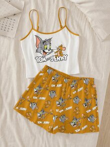 TOM & JERRY X SHEIN 女款字母印花細肩帶上衣與短褲睡衣套裝 - 棕色 - 查看 1