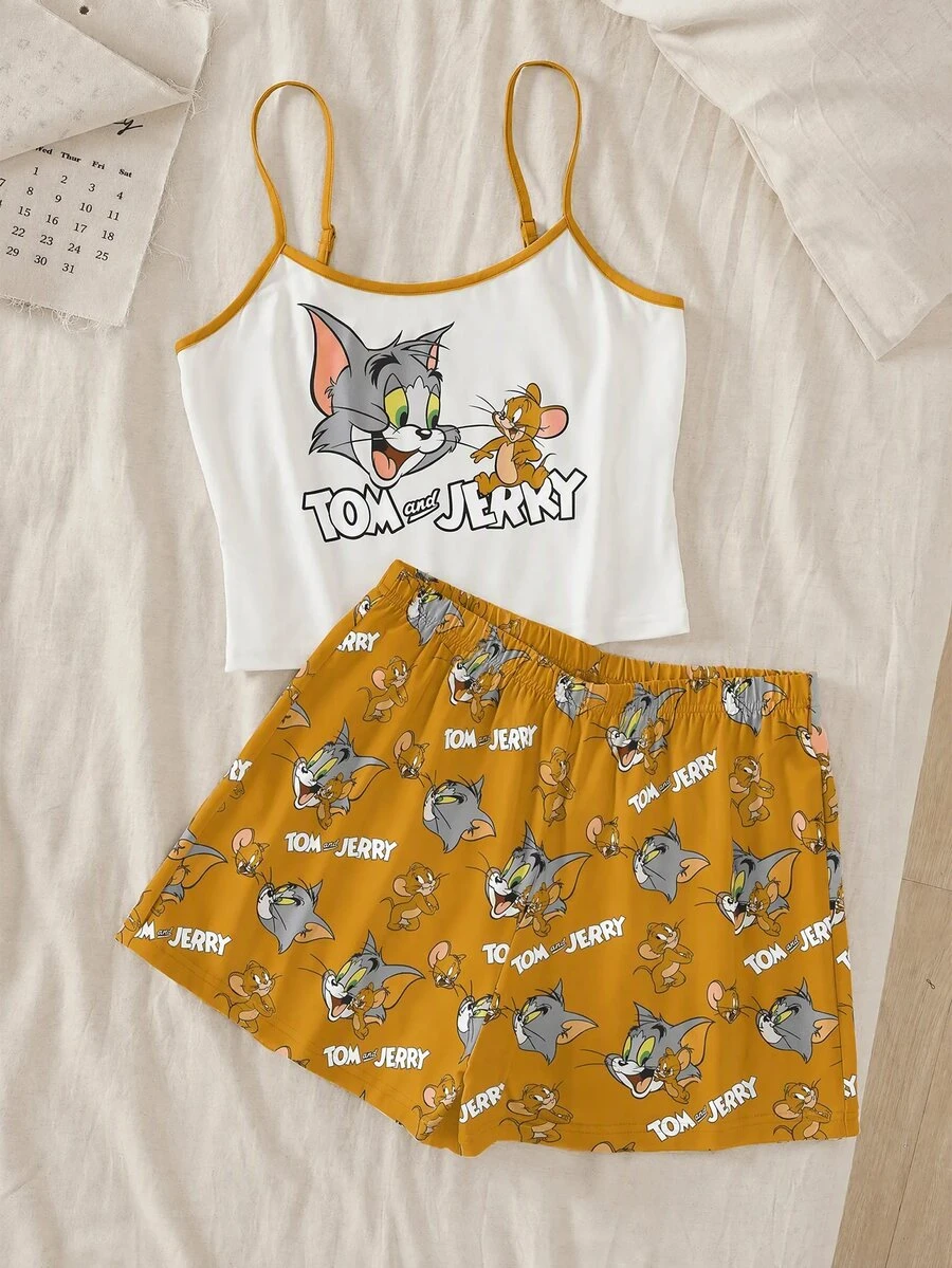 TOM & JERRY X SHEIN 女款字母印花細肩帶上衣與短褲睡衣套裝 - 棕色 - 查看 1