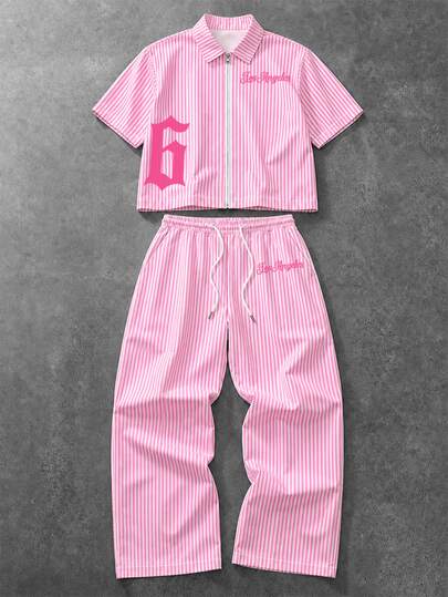 Manfinity EMRG Men's Striped Digital Pattern Short Sleeve Shirt And Drawstring Waist Long Pants Casual Daily Outfit