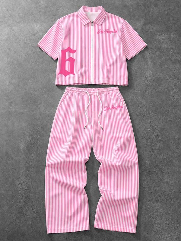 Manfinity EMRG Men's Striped Digital Pattern Short Sleeve Shirt And Drawstring Waist Long Pants Casual Daily Outfit