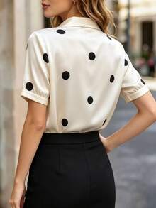RosyDaze Plus Size Women's Polka Dot Print Tie Neck Short Sleeve Elegant Blouse - Apricot - View 2