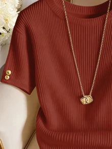 Franclia Elegant Round Neck Knit T-Shirt, Minimalist Fashion Knit T-Shirt, Summer New Arrival - Red - View 3