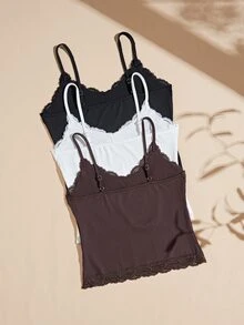 Lullawish Women's Comfortable Knit Jacquard Ribbed Lace Camisole Sleepwear Top 3pcs Set - Multicolor - View 2