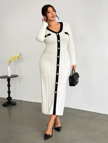 Firerie Plus Size Contrast Color Button-Down Cinched Waist V-Neck Long Sleeve Knit Dress - Apricot - View 5