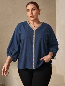 Chikora Plus Size Women's Autumn/Winter Geometric Floral Line Print Front Button Long Sleeve Commute & Streetwear Shirt For Daily Wear - Blue - View 6
