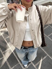 Avenya Women's Solid Color Stand Collar Fashion Versatile Daily Casual Long Sleeve Jacket - Khaki - View 5