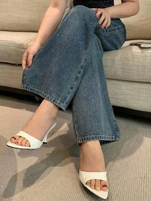 Dazy Plus Shiny Rhinestone Vintage Straight Leg Casual Pants Street Outdoor Loose Spring Autumn New Denim Jeans - Medium Wash - View 1