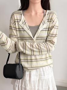 DAZY Women's Striped Colorblock Casual Versatile Daily Wear T-Shirt Fall - Yellow - View 3