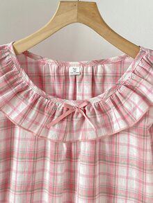 SHEIN 1pc Girls' Korean Sweet Princess Style Pink Plaid Ruffle Loose Comfortable Long Sleeve Dress Nightgown, Spring/Autumn - Pink - View 3