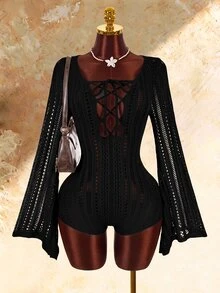 Amplova Jumpsuit nữ len dệt kiểu Boho mới, thắt dây trước, ôm dáng, hơi xuyên thấu - màu đen - Xem 8
