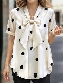 RosyDaze Plus Size Women's Polka Dot Print Tie Neck Short Sleeve Elegant Blouse - Apricot - View 6
