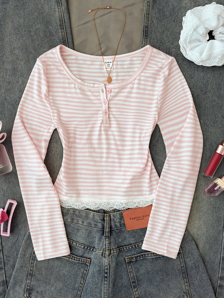 SHEIN Tween Girl Knit Pink Striped Oversized Scoop Neck Long Sleeve Casual T-Shirt - Pink - View 1