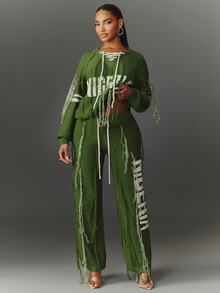 NYA SZN Celana Rajut "Nigeria" Rumbai Blok Warna Cuaca Dingin Kasual untuk Jalan-jalan, Gym, Athleisure, Acara Khusus, Olahraga Streetwear, Lucu, Chic, Hijau, Musim Gugur, Musim Dingin - Hijau - View 3