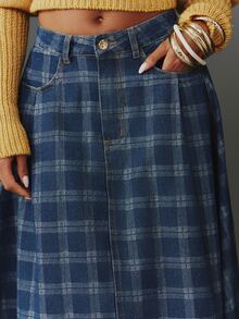 NYA SZN Denim Skirt Maxi Pleated Plaid Medium Wash Everyday Date Casual Going Out Church Modest Elegant Special Occasion Work School Festival Chic Fall Winter - Navy Blue - View 3