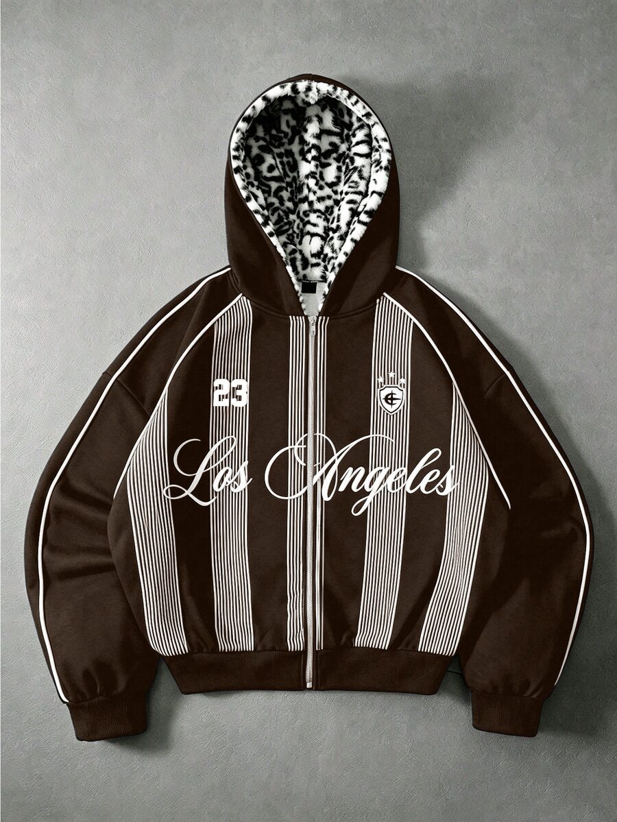 PAVTROS Men's Young Street Streetwear Style, Vintage Ins Hoodie, Knitted Sweatshirt, Plush Leopard Print Fabric, Jacket, Birthday, Dark Brown, Autumn - Coffee Brown - View 1