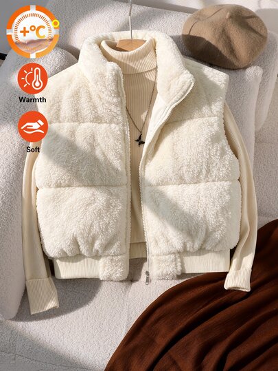 SHEIN Teen Girls Fleece Fall Clothes Casual All-Match Versatile Sports Wide Shoulder Stand Collar Short Cotton Padded Vest, Autumn/Winter