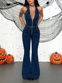Jeanoix Women's Eyelet Design Zipper Front Halter Neck Flare Leg Denim Jumpsuit - Blue - View 5