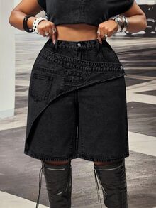 Slaydiva High Waist Loose Asymmetrical Patchwork Plus Size Denim Shorts - Dark Grey - View 7