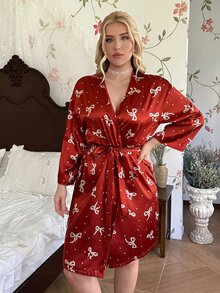 CottageSlumber Bow Print Faux Silk Minimalist Plus Size Robe - Burgundy - View 4
